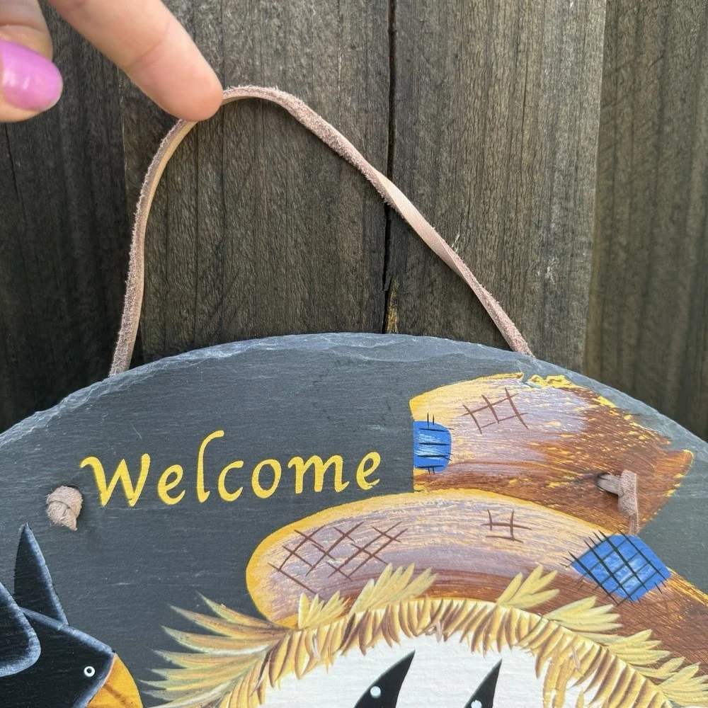 Fall Welcome Slate Sign Scarecrow Black Bird Hand painted Leather Hanger Country